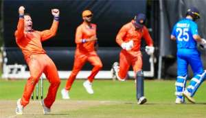 Roelof Van Der Merwe celebrates his dismissal of Harry Manenti