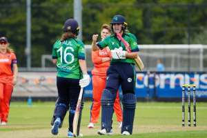 Gaby Lewis led Ireland to a last-over win against The Netherlands
